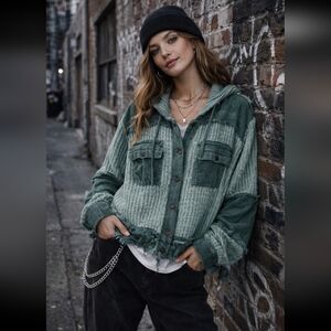 POL "Billings" Teal Crochet See Through Button Down Hoodie